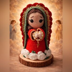 Handmade Red Crochet Virgin Mary Figurine with White Roses